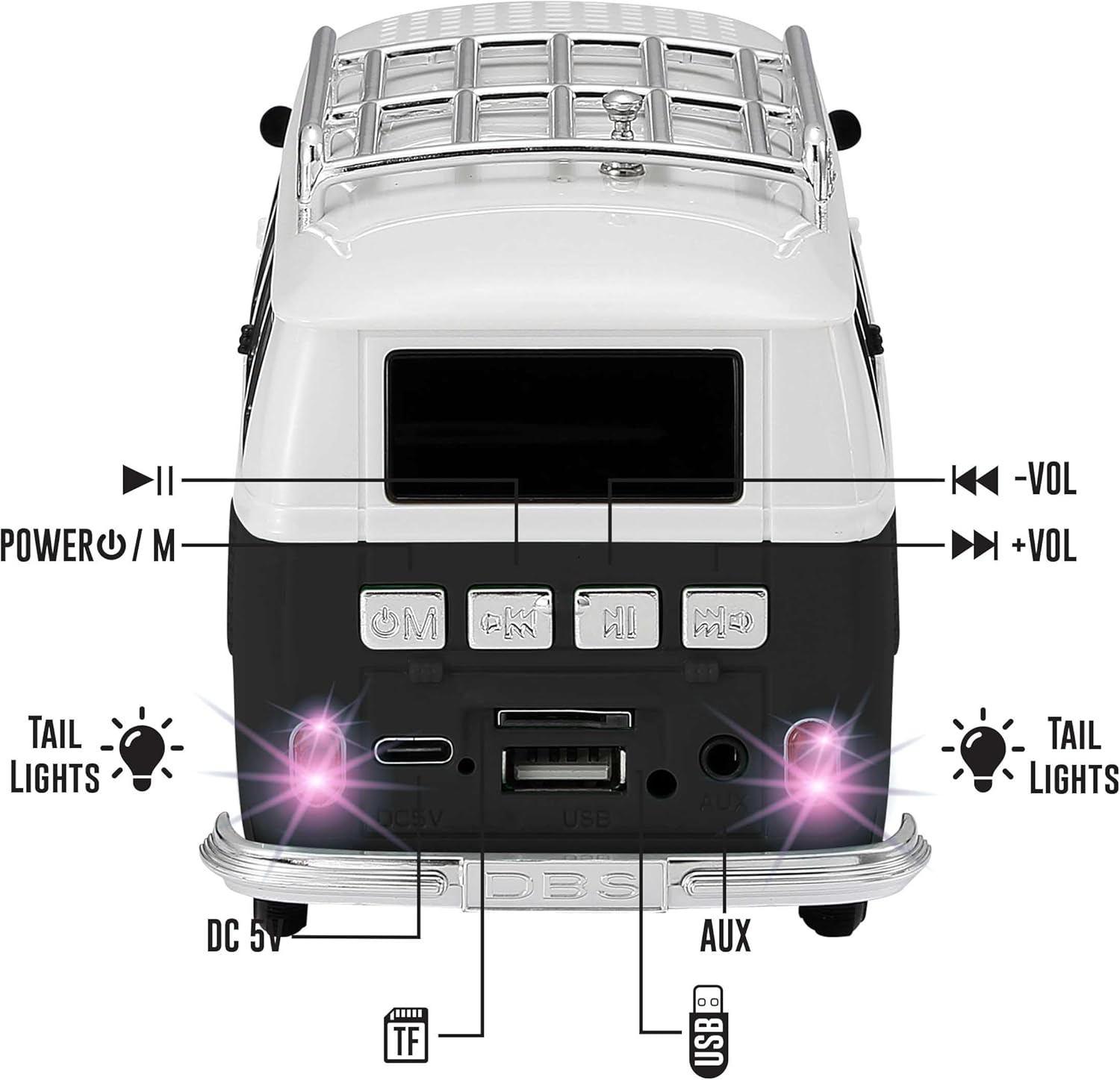 QFX Bluetooth 1961 Retro Mini Bus Speaker, 2-Inch Speaker, Hands-Free Link, Built-in Microphone, FM Radio, and LED Party Lights, Blue - BT-1961-BLK
