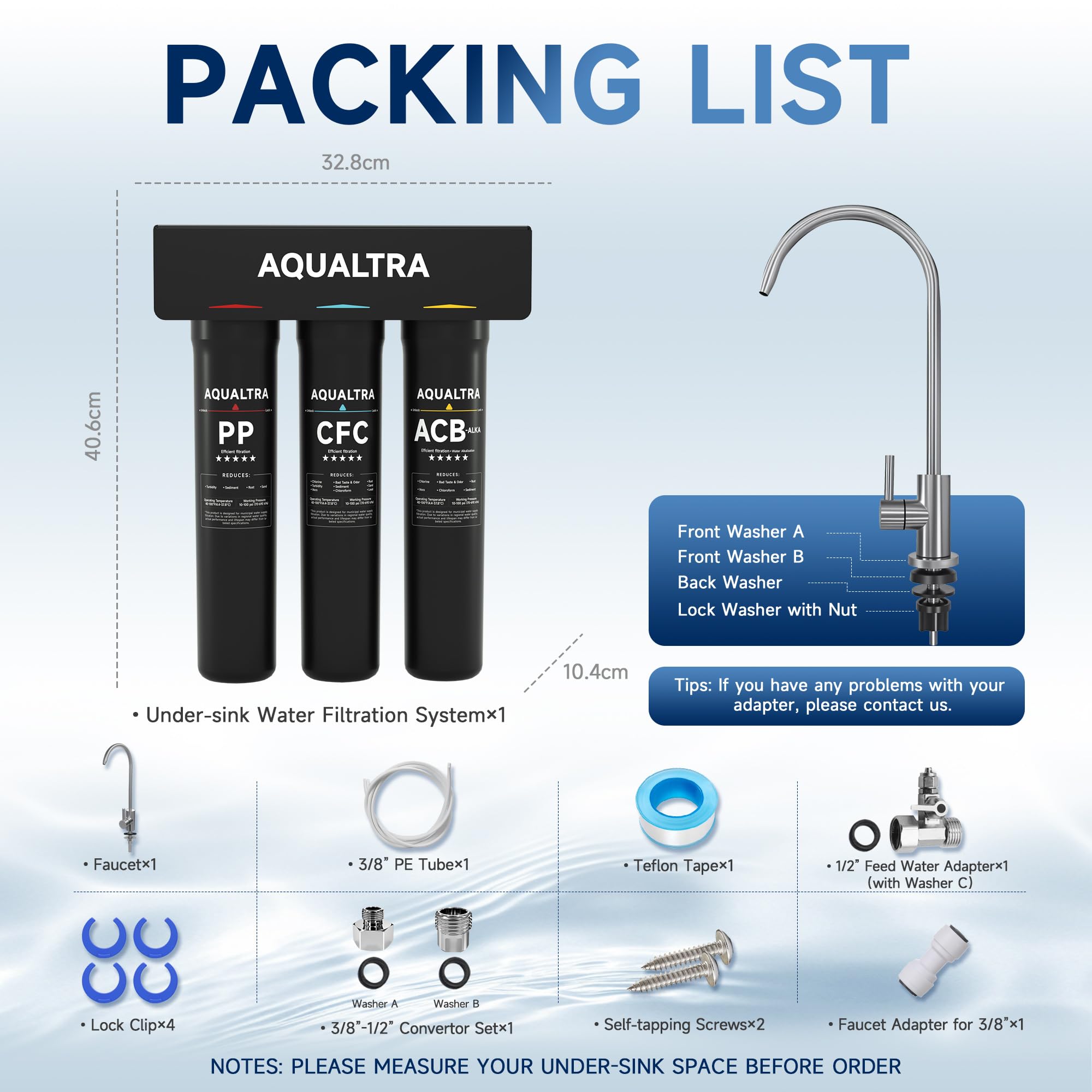 AQUALTRA USF-3F-15 Système sous évier légèrement alcalin avec robinet, 30000–121000L, réduit PFOA, PFOS, chlore, plomb, mercure, chloramine, fluorure, microplastiques, mauvais goût & odeur
