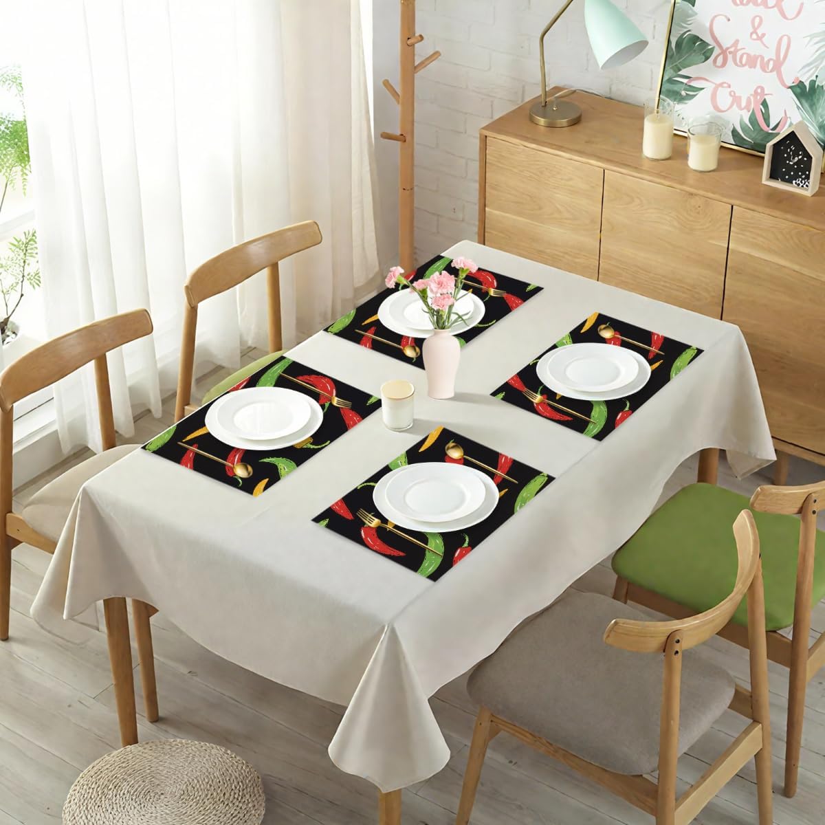 Colorful Chili Peppers Print PVC Placemats Set of 6, Heat Resistant Woven Dining Table Mats, Washable Kitchen Placemat for Table Protection Home Decor 18 x 12 in