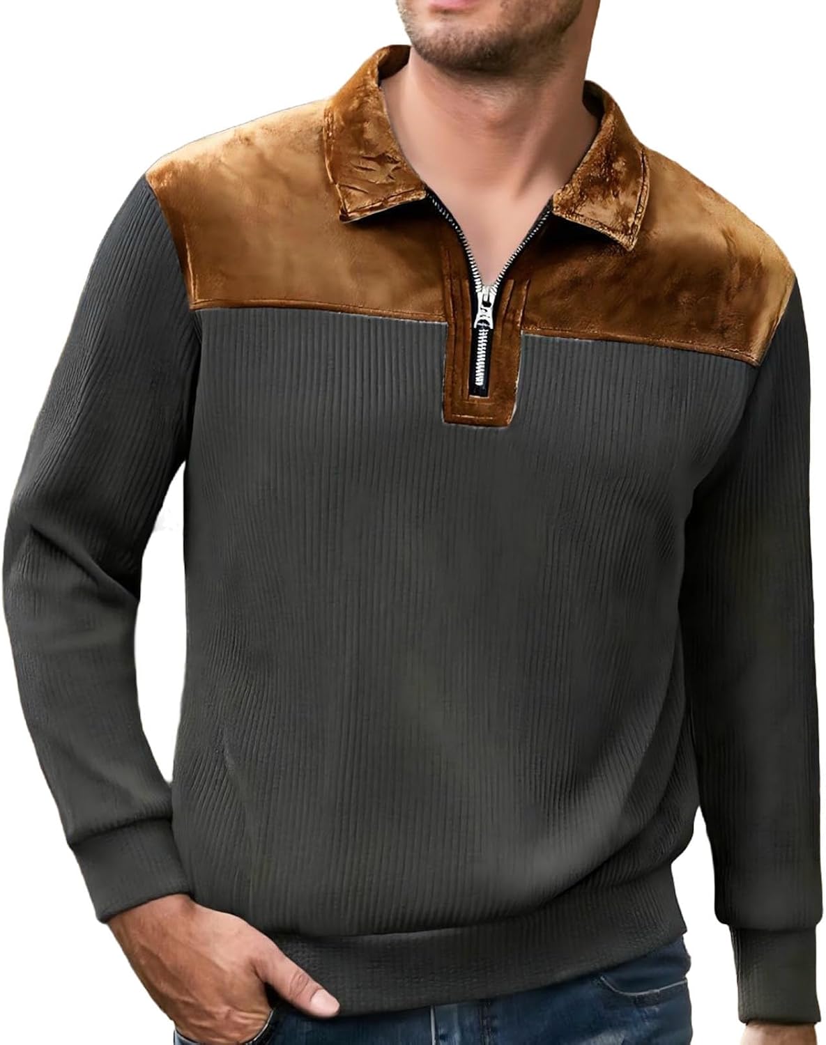 Cambkatl Vintage Patchwork Lapel Sweatshirt for Men Stylish Quarter Zip Long Sleeve Business Casual Workout Pullovers