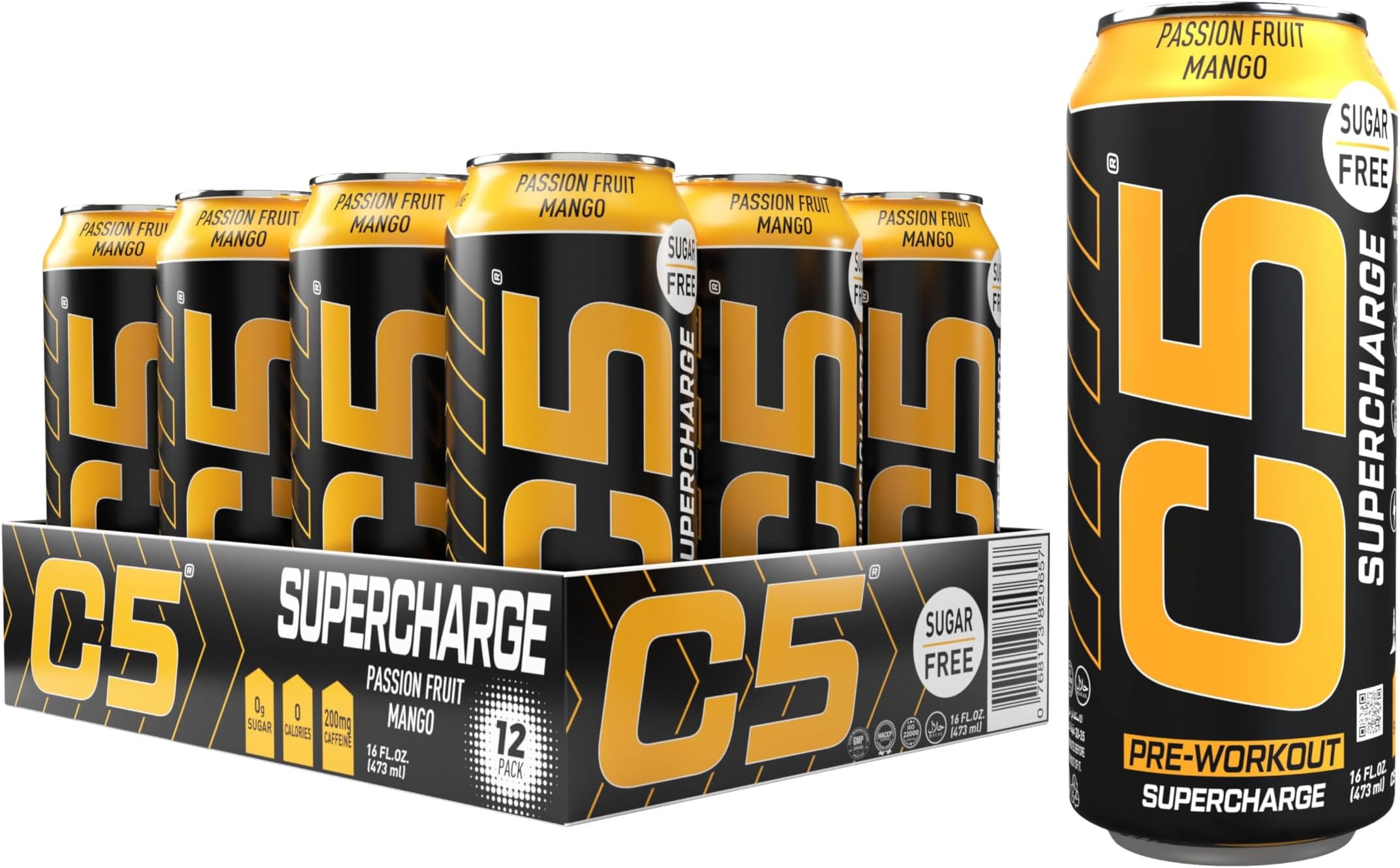C5 Drink Supercharge Passion Fruit Mango Pre Workout Sugar Free, Zero Calories, 200mg Caffeine Creatine Beta Alanine Citrulline Malate High-Performance Pre-Workout Booster Supplement Pack of 12