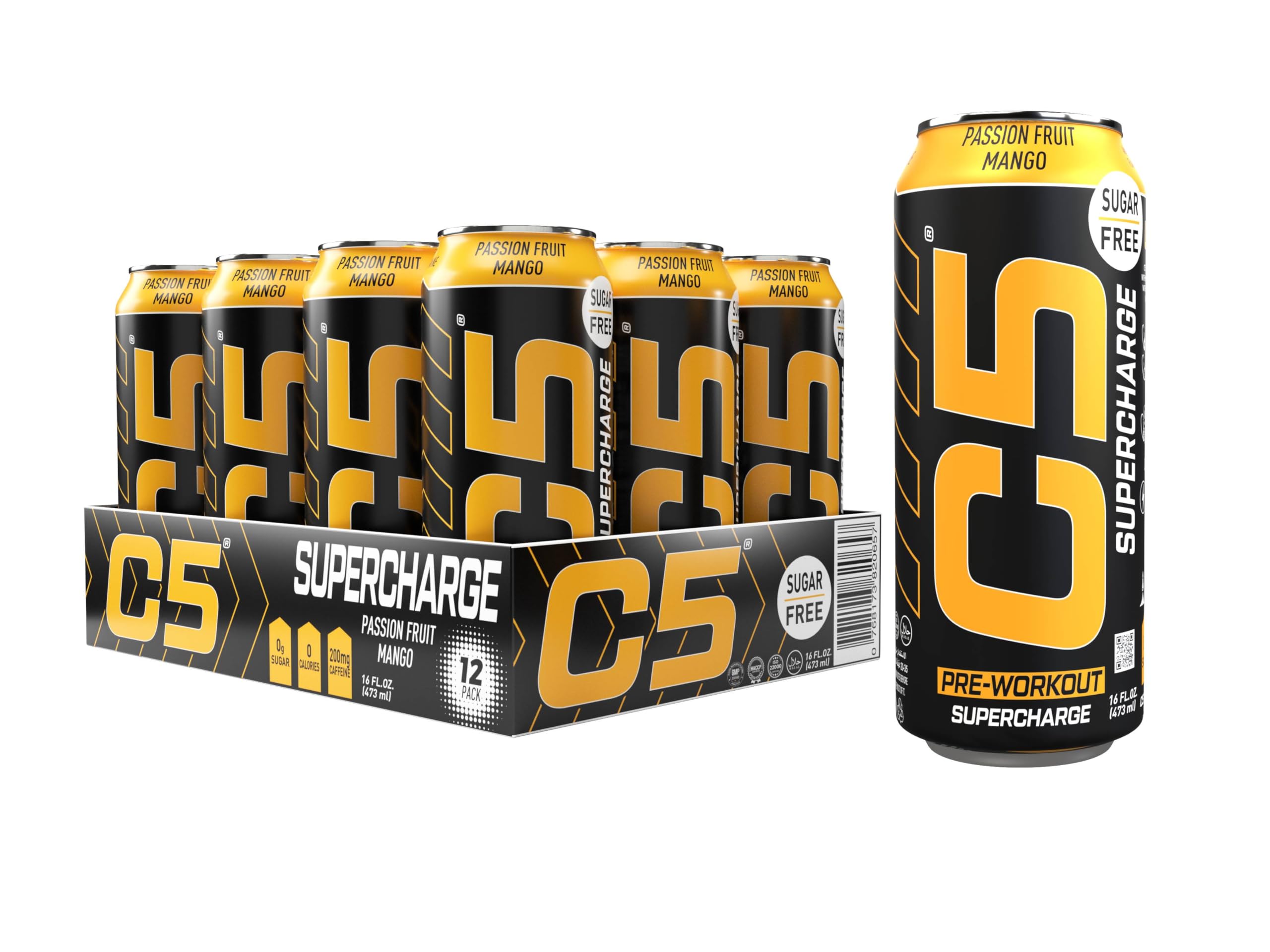 C5 Drink Supercharge Passion Fruit Mango Pre Workout Sugar Free, Zero Calories, 200mg Caffeine Creatine Beta Alanine Citrulline Malate High-Performance Pre-Workout Booster Supplement Pack of 12