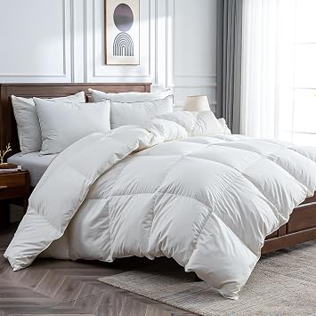 BPC Goose Feather Down Fiber Comforter Queen Size - 100% Organic Cotton Cover, 750 FP Cloudy-Fluffy Duvet Insert Filled Puffy Feather Down Filling for All-Season, White, 90x90 Inches