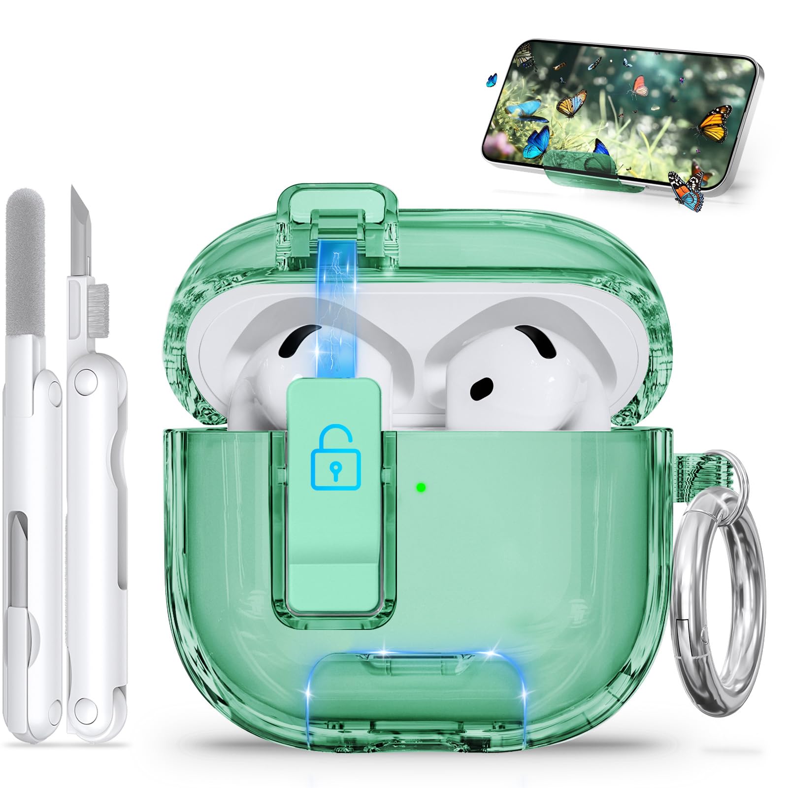 for AirPods 4 Case with Phone Stand &amp; Safety Lock, Auto-Open Clear AirPod Case Compatible with Apple AirPods 4th Gen 2024, Anti-Scratch &amp; Shockproof Protective Cover with Cleaning Kit &amp; Keychain