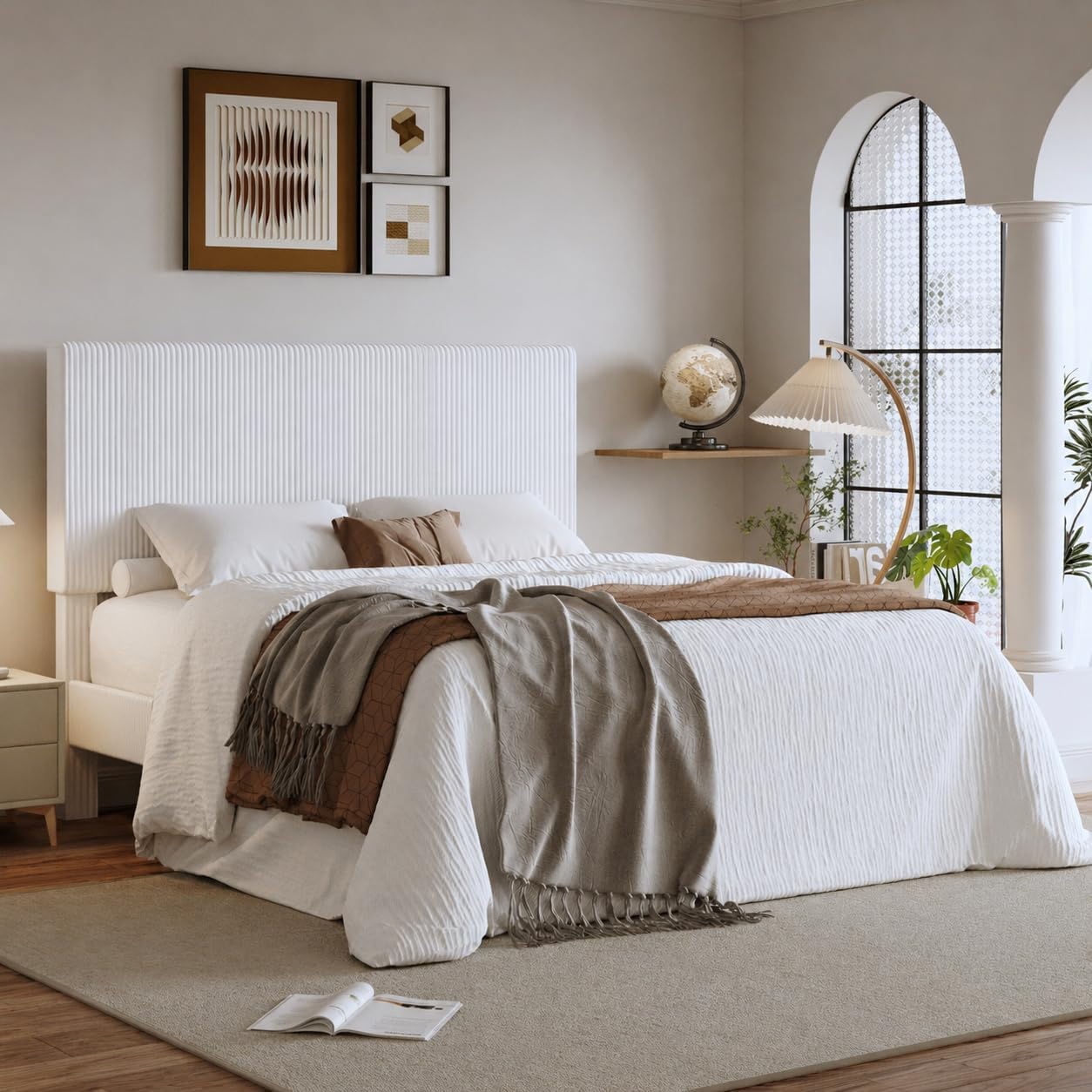 SHA CERLIN Queen Bed Frame, Velvet Platform Bed Frame with Vertical Channel Tufted Headboard, Upholstered Corduroy, Strong Wooden Slats, Mattress Foundation, No Box Spring Needed, Easy Assembly, White