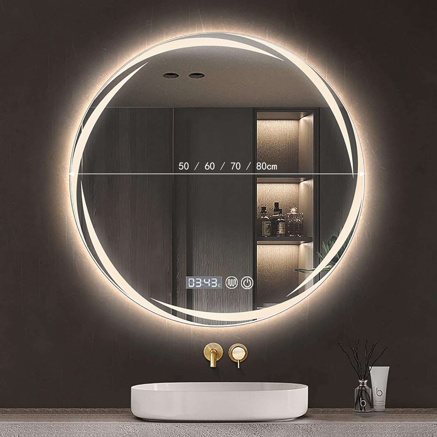 60x60cm Illuminated LED Bathroom Mirror Wall Mounted Smart Bathroom Vanity Mirror with Demister Pad Ring Light Mirror with 3 Color Lights Time for Vanity, Bathroom or Bedroom (Size : 70x70cm)