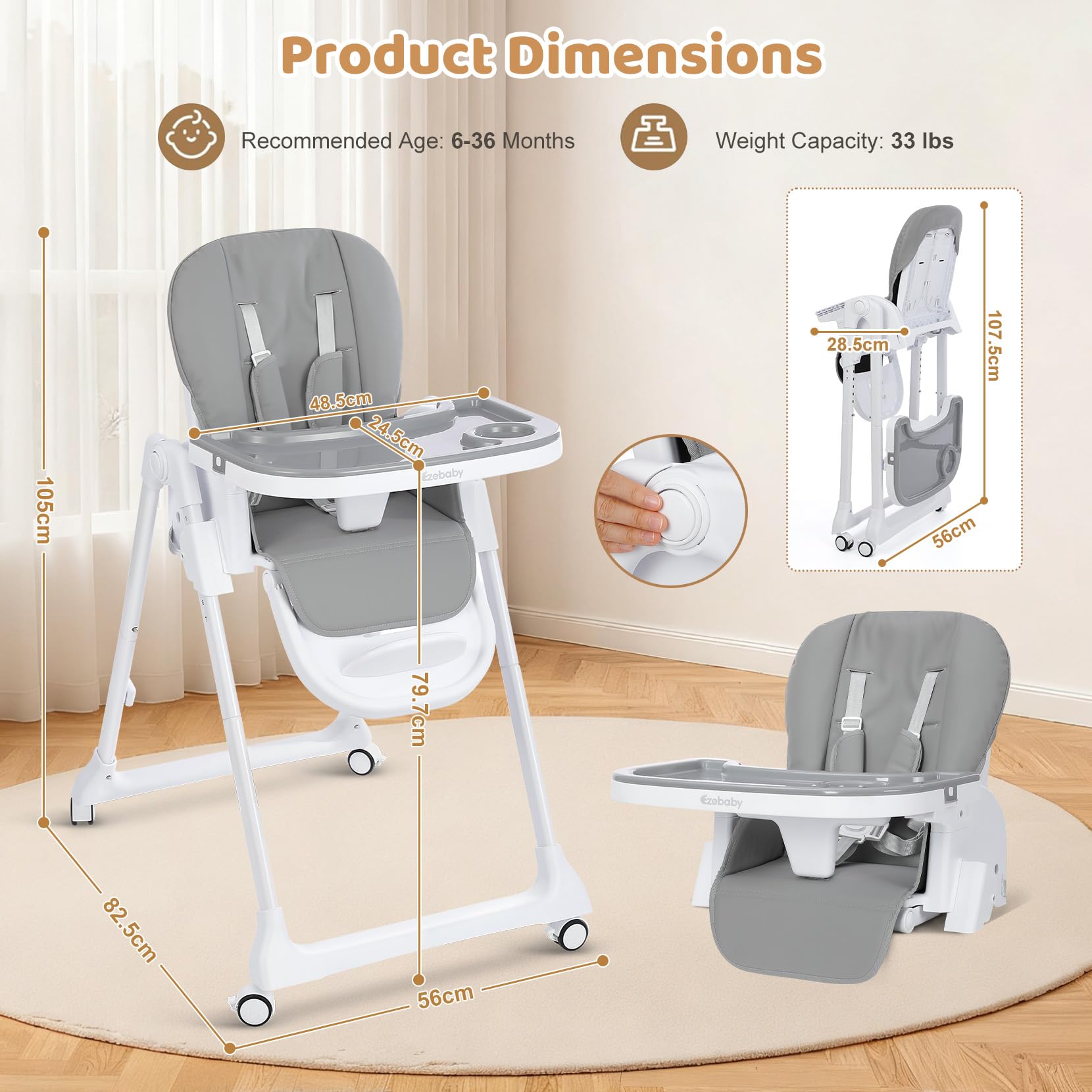 Chaise Haute Bébé Pliable avec Arche de Jeux, Réglable en Hauteur, Siège PU, Roues et Double Plateau, Convertible en Rehausseur