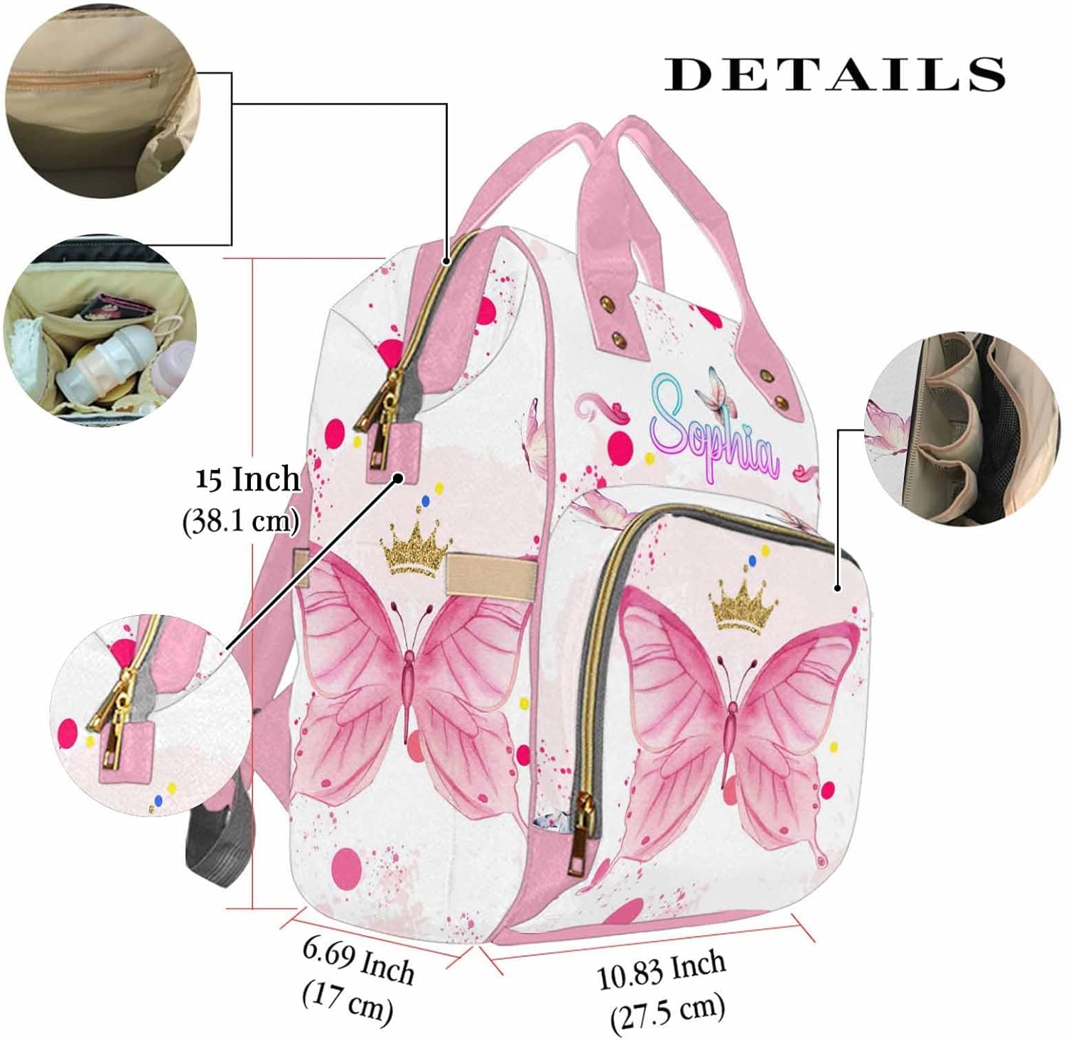 Newcos Personalized Diaper Bag Customized Blue Butterfly Black Waterproof Nursing Bags Custom Mommy Daypack with Name for Mother's Day Birthday Travel Outside Daily Use