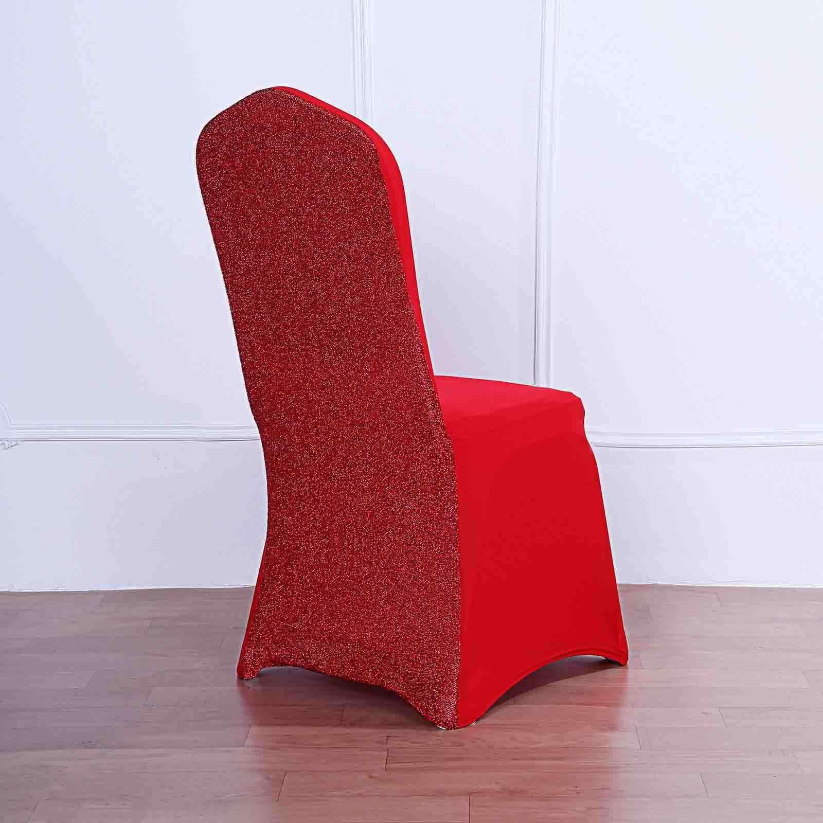Efavormart 1 Set Spandex Stretch Red Banquet Chair Covers for Party Dining Chairs W/Metallic Glittering Back W/Foot Pockets Washable Slip Covers