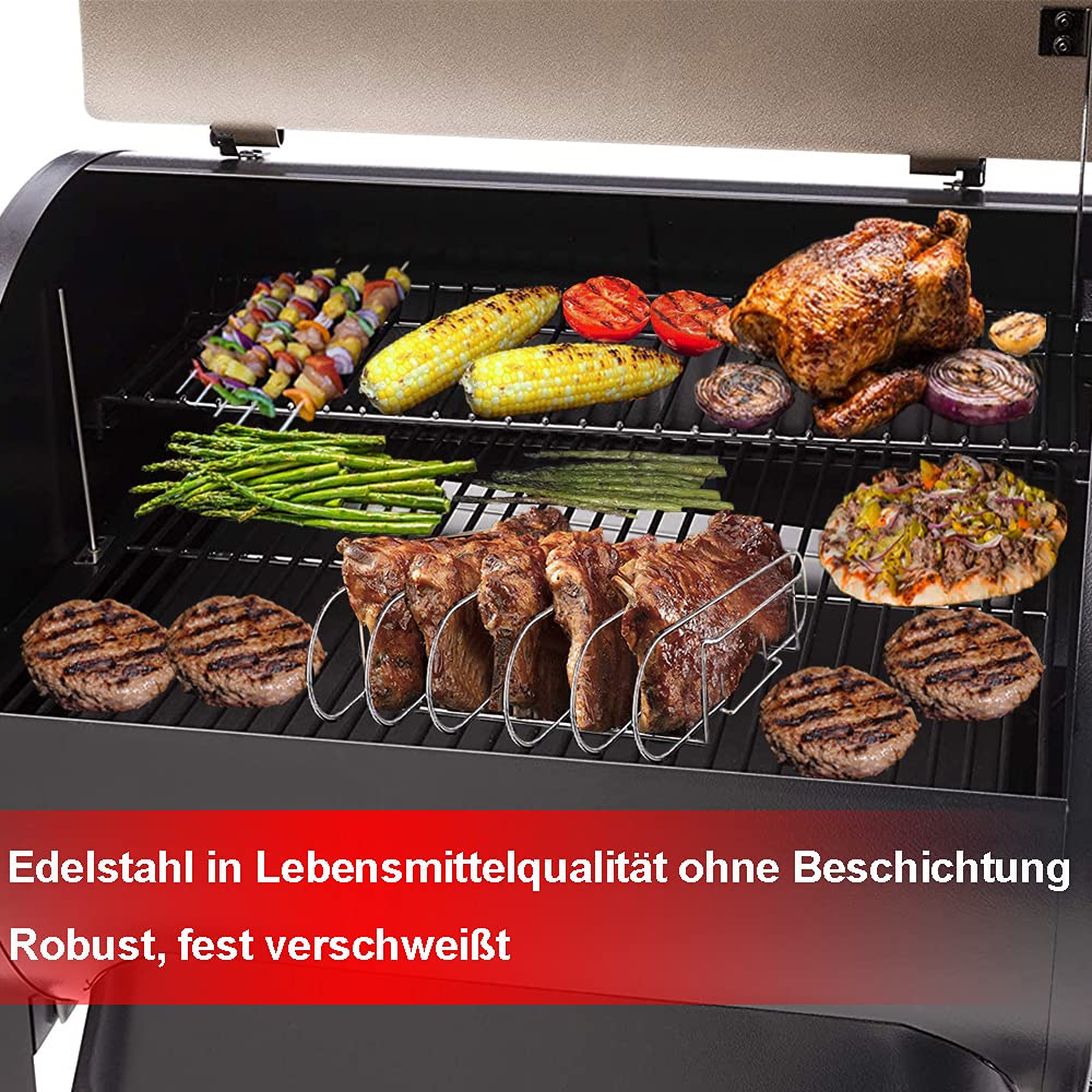 Spareribs Halter Grill – Rippchenhalter aus reinem Edelstahl für 5 Rippchen – Aufsatz zur Zubereitung von Spareribs und Braten auf Gas- und Kohlegrill, Spülmaschinengeeignet – 33 x 29 x 8 cm