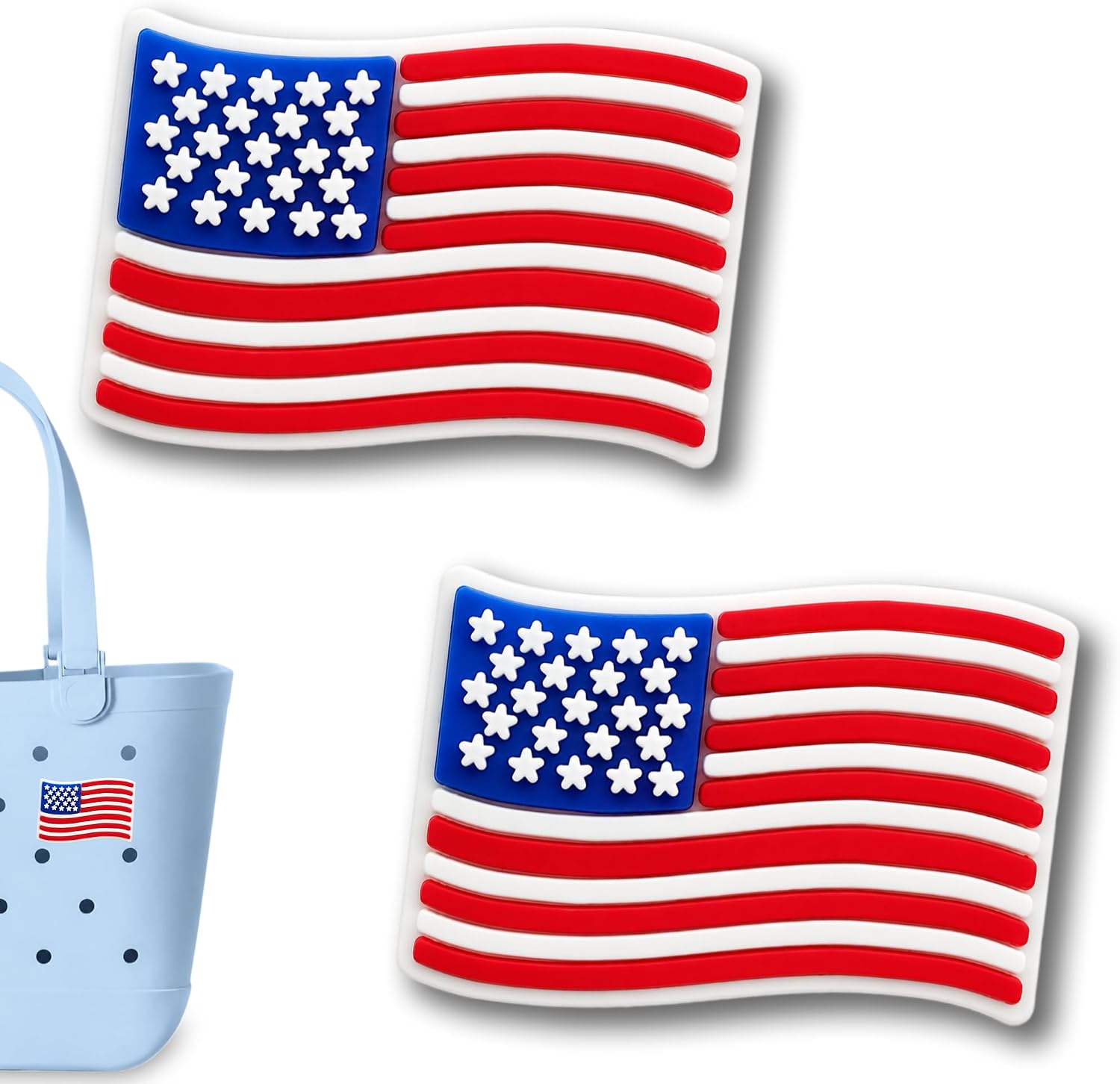 American Flag Charms for Bogg Bag Accessories, Set of 2 PVC Rubber Inserts, Cute Flag Beach Bag Charms Compatible with Rubber Tote Bags for Women Girls