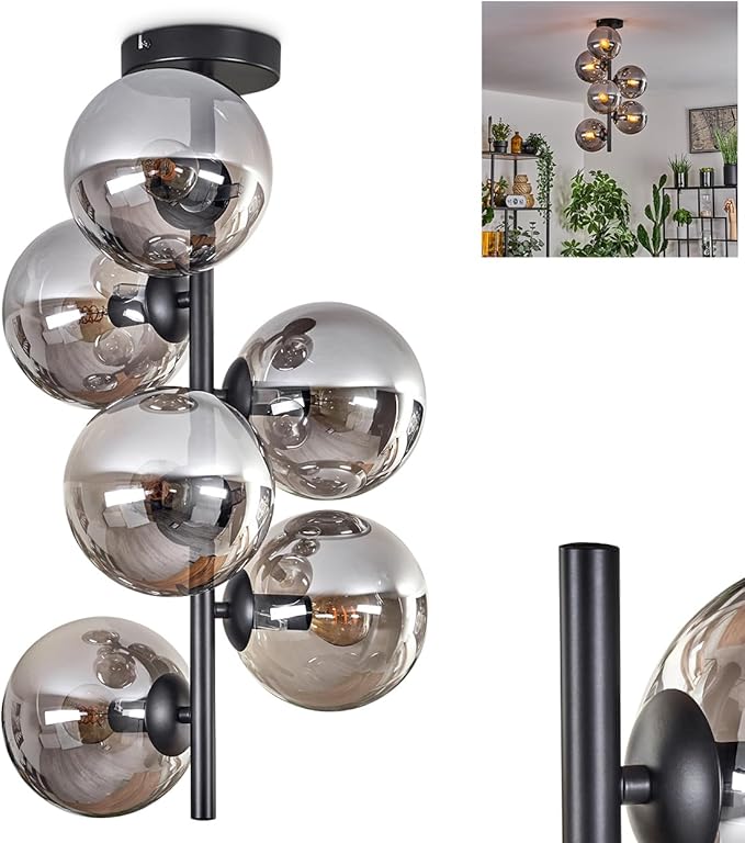 hofstein HOFSTEIN Plafondlamp Chehalis, plafondlamp van metaal/glas in zwart/rookkleur, lamp in modern retro/vintage design met glazen kap (Ø 15 cm), 6 x E14, zonder lamp