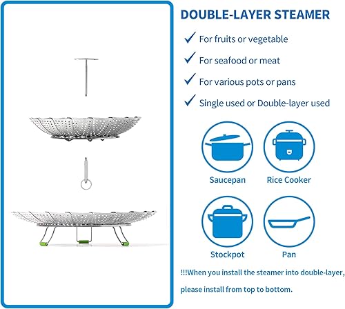 Vista 5 de LHS Cesta de vapor, doble capa de acero inoxidable para cocinar verduras y mariscos, expandible para adaptarse a ollas de varios tamaños