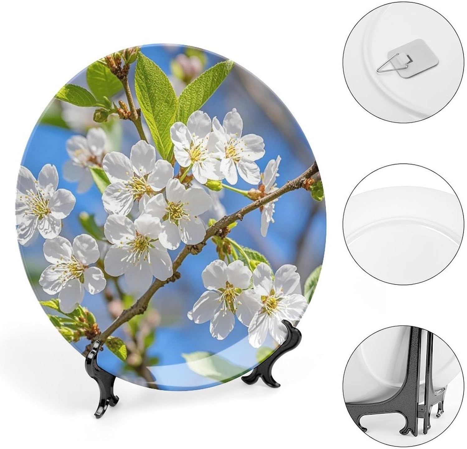 Beautiful Spring Cherry Blossoms Decorative Ceramic Plate Round Porcelain Plate Decor Personalized Bone China Decorative Plates Ceramic Ornaments Dessert Plates with Display Stand 10inch