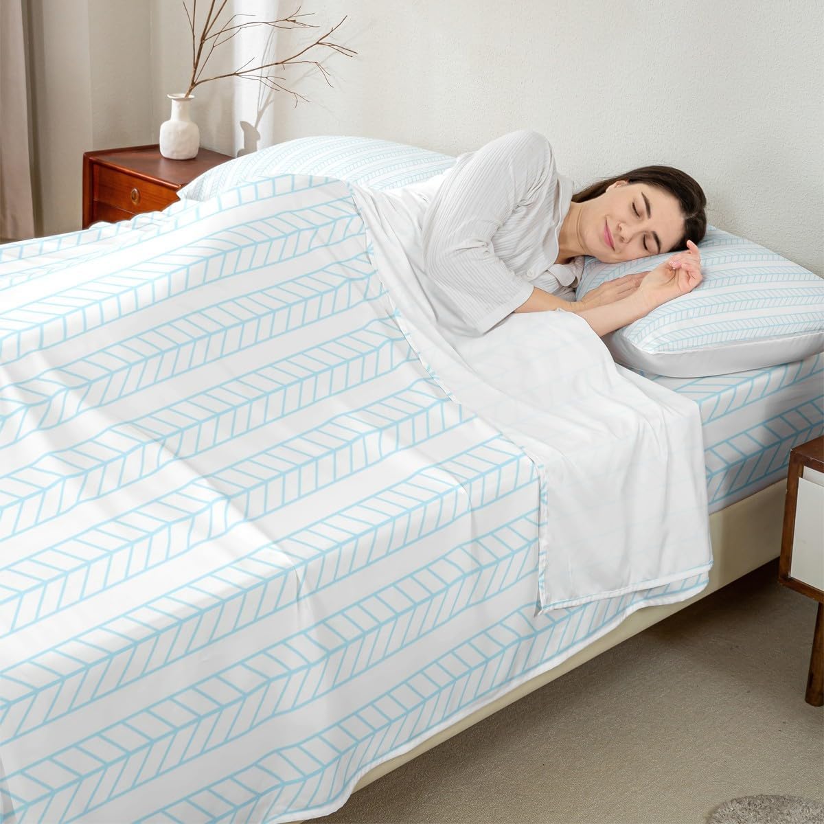 Geometric Stripe Patchwork Kids Sheet Twin Size,Arrow Rhombus Geometric Bedding Set, Abstract Modern Boys Girls Room Decor, Baby Blue Sheet(Fitted+Flat+1 Pillowcase)