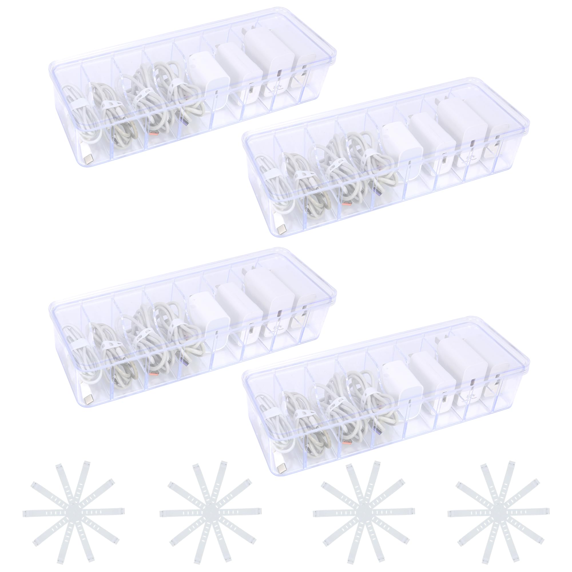 4pcs, Cord Storage Organizer, with 40 Straps, Cable Storage Organizer, Charger Organizer, Cord Organizer Box, Charging Cord Organizer, Cord Organizer Storage, Transparent Plastic Box with Lid