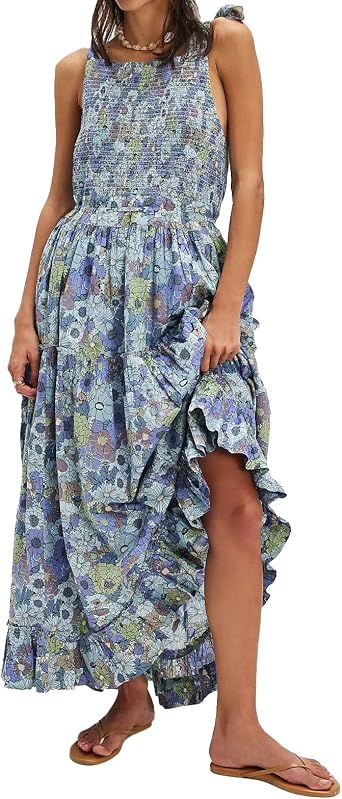 ABYOVRT Women Floral Maxi Dress Tie Shoulder Cutout Backless Boho Smocked Flowy Dresses Summer Fall Sundress