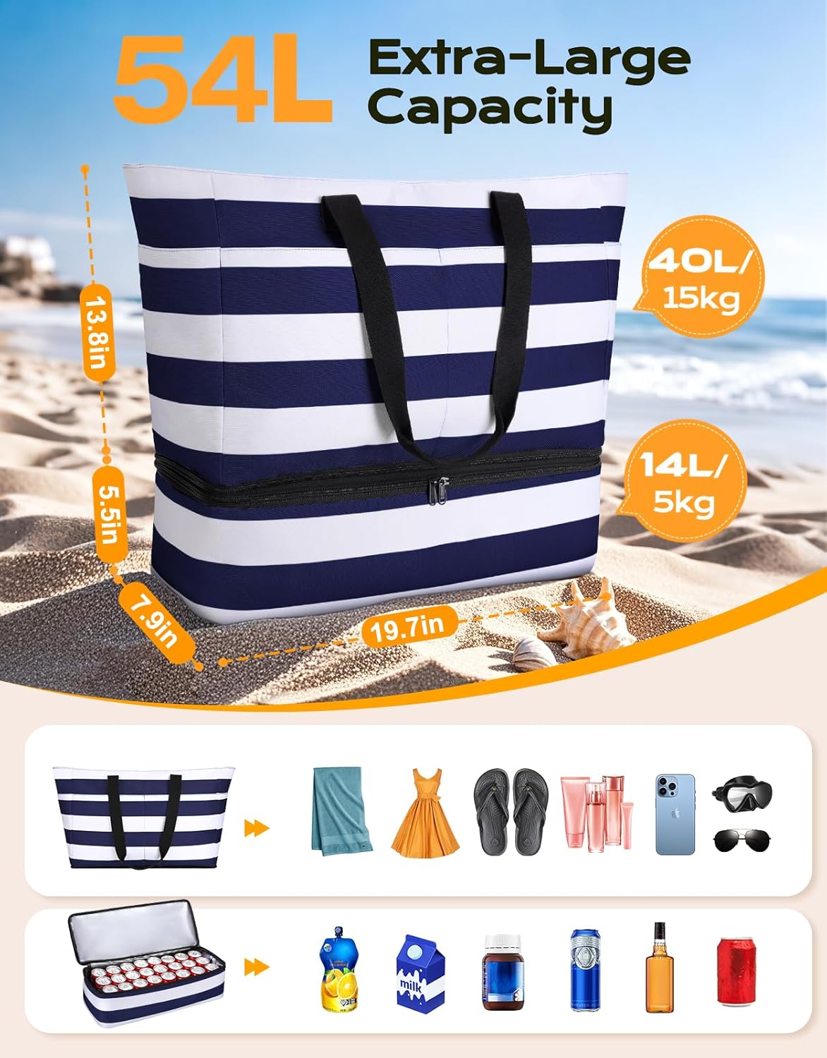 Beach Bag with Cooler, 54L Large Waterproof Sandproof Travel Tote Bag, Duffel Weekender Bag for Packing/Travel/Gym - Image 4