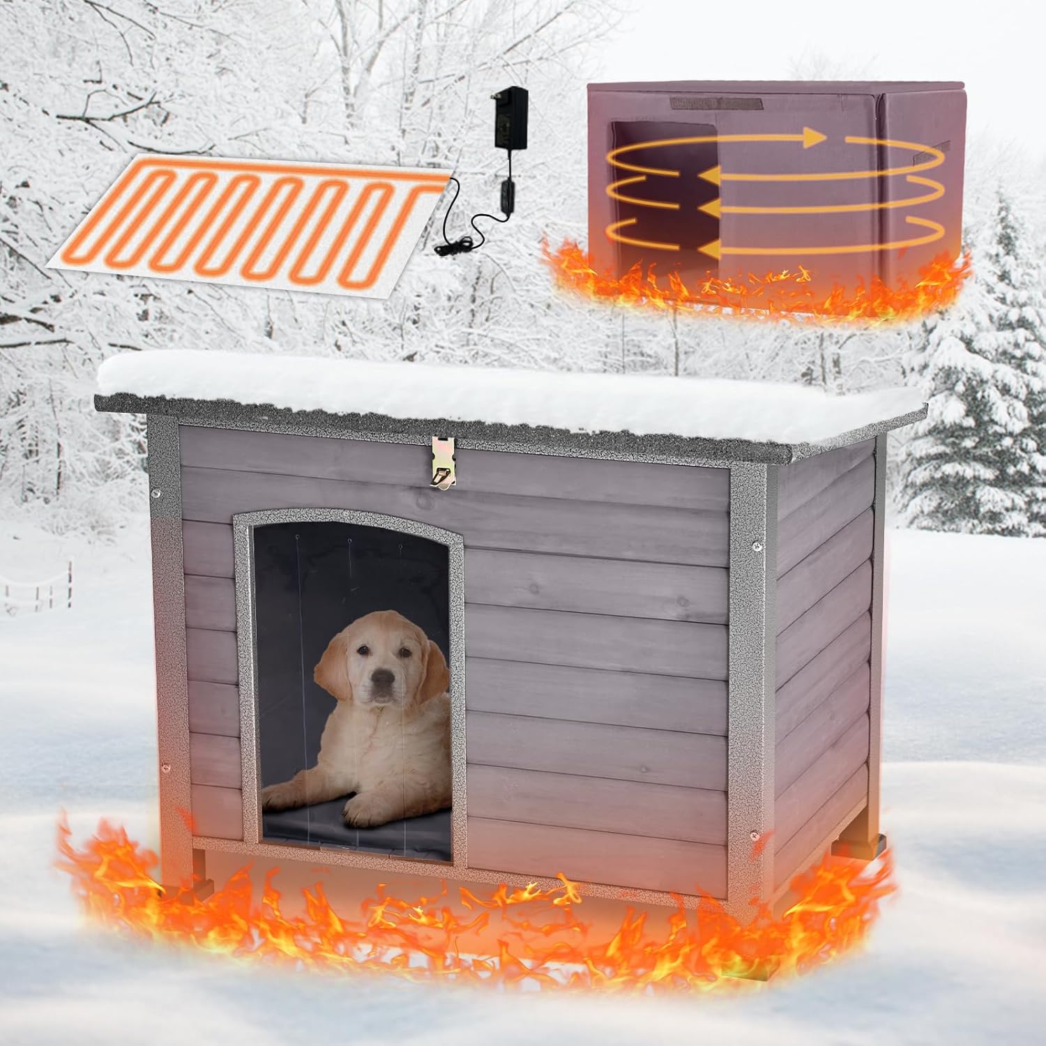 Heated Dog House Outdoor,Anti Bite Iron Frame Dog Kennel with Adjustable Temperature and Time,Insulated Weatherproof Outside Shelter for Feral Animal (Grey, M)