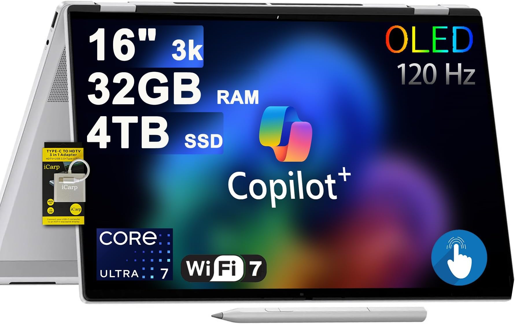 HPOmniBook 7 Flip 16 2-in-1 Professional Business Laptop 16" 3k OLED Touch Intel 8-core Ultra 7 Series 2 258V (Up to 47 Tops) 32GB RAM 4TB SSD 5MP IR Camera Wi-Fi7 w/Pen Win11 ICP Hub/Copilot+ AI