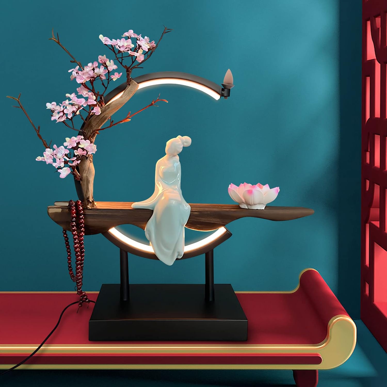 Backflow Incense Holder with LED Light, Chinese Style Ceramic Backflow Incense Burner Perfect for Relaxing or Home Decor (Chinese Style B)
