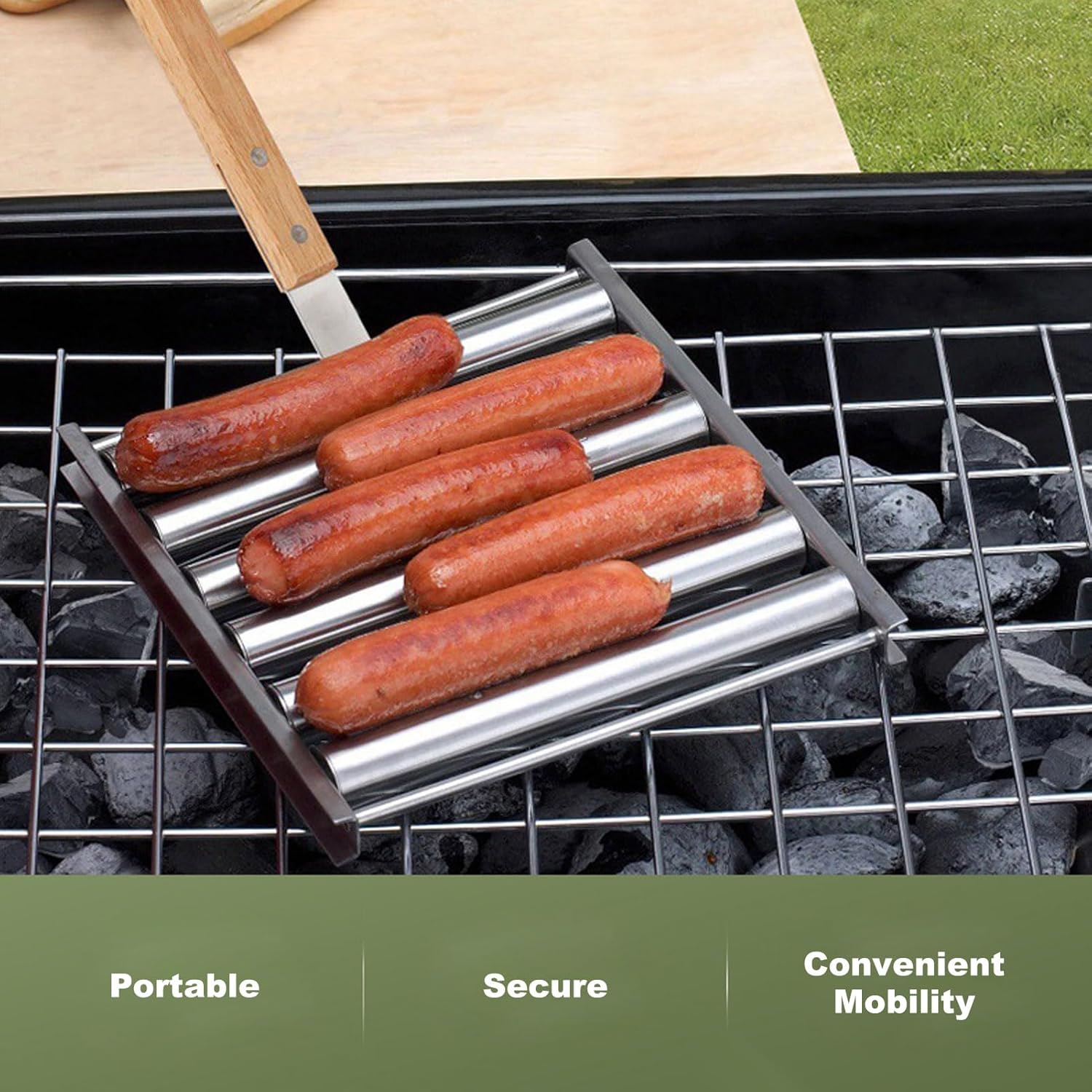 Detachable Stainless Steel Hot Dog Roller Rack, Sausage Roller for Grill, 6 - Stick Design with Extra Long Wood Handle and 4 Skewers for BBQ Camping Parties (L)