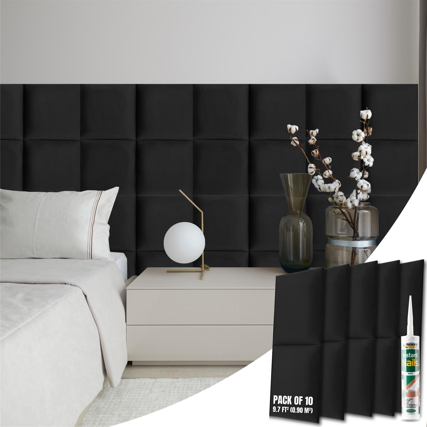 NOVECRAFTO Velvet Padded Wall Panels Set of 10 - Black Upholstered Anti-Collision Panels with Adhesive - H11.8 x W11.8 (30x30cm) Cushioned Paneling for Beds, Kids Room, Hallways & Feature Walls