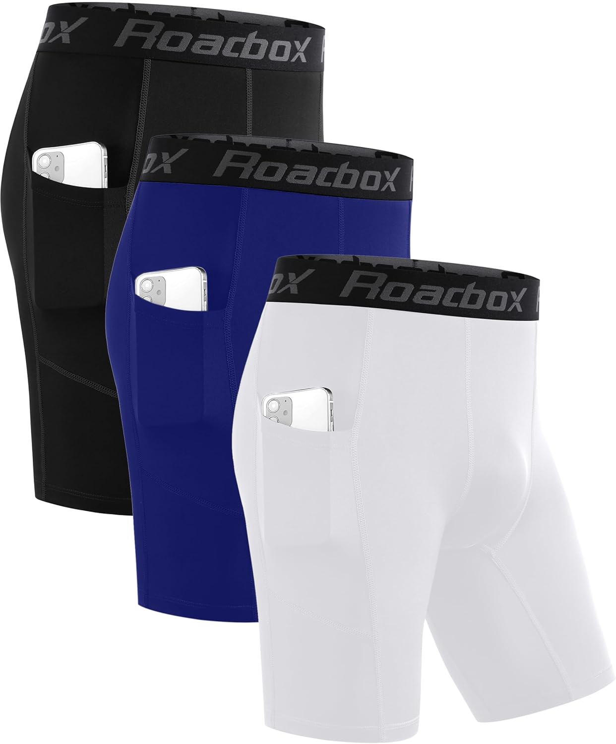 Roadbox Men's Compression Shorts with Pockets, 3 Pack 9'' Performance Running Base Layer for Workout Sports Underwear