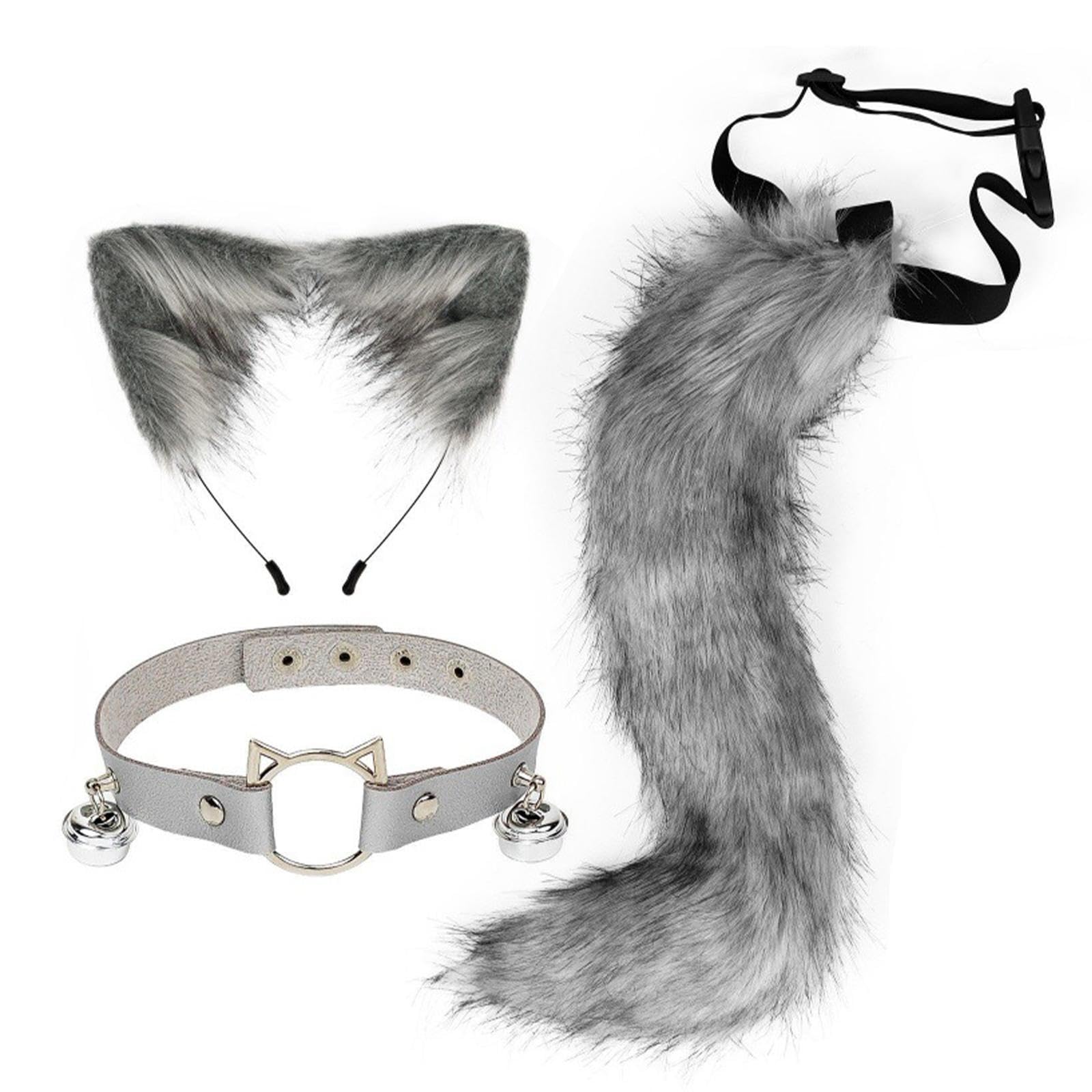 CFWSHJ Uszy i ogon Uszy Klips do włosów Lolita Fancy Dress Długi ogon Prezenty z chokerem Cosplay Opaska do włosów Nakrycie głowy na Boże Narodzenie Masquerade Party, szary