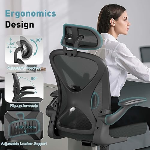 Miniatura 4 de ZZH Silla de oficina ergonómica con soporte lumbar ajustable y reposacabezas, silla de escritorio de malla para oficina en casa con ruedas y brazos