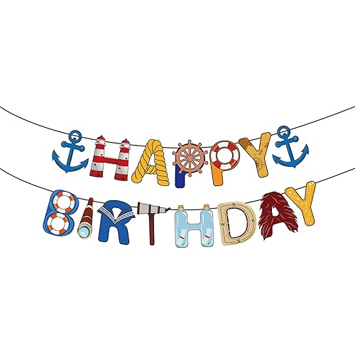 Nautical Happy Birthday Banner Nauticals Party Decorations Nautical Birthday Banner Nauticals Party Banners Cruise Anchor Sailboat Yacht Sign for Ocean Cruise Sailor Theme Birthday Supplies