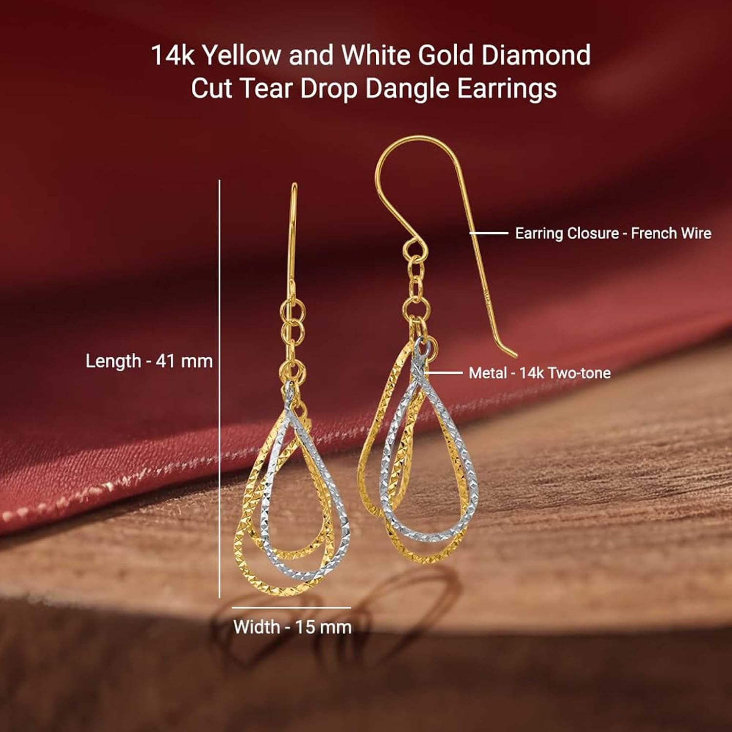 Diamond2Deal 14k Yellow and White Gold Diamond Cut Tear Drop Dangle Earrings (L- 1.61 in, W- 0.59 in)