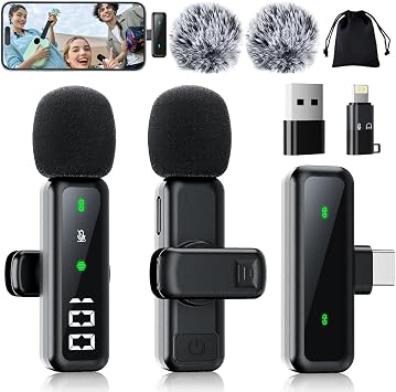 Microphone for iPhone & Android, 2 Pack Wireless Mini Lavalier Mic, Noise Cancelling, Battery Display for TikTok YouTube Vlog Interviews