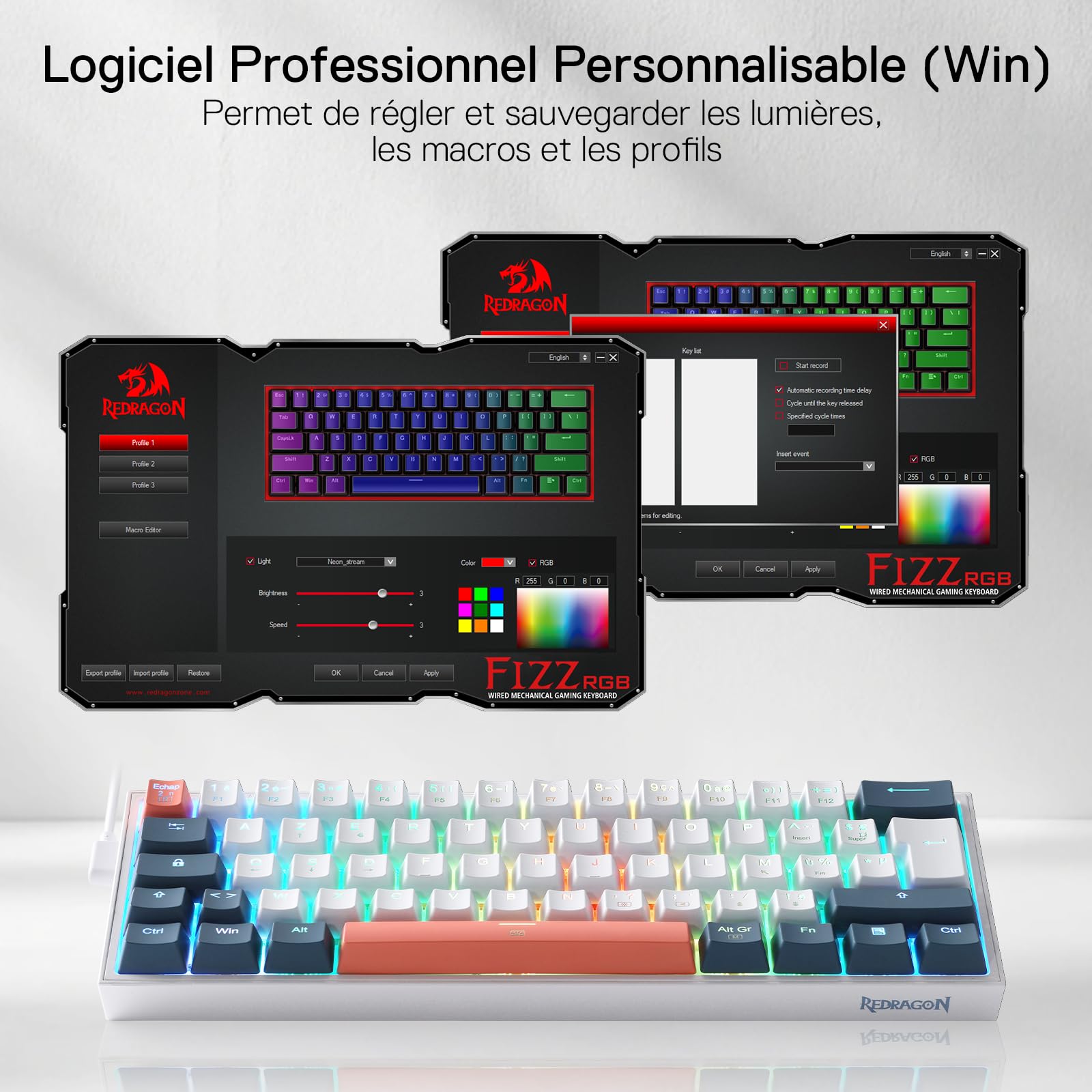 Redragon K617 Clavier de Jeu RVB Filaire 60%, AZERTY Clavier mécanique Compact 61 Touches, commutateur Rouge linéaire, Prise en Charge des Pilotes Pro, FR Layout