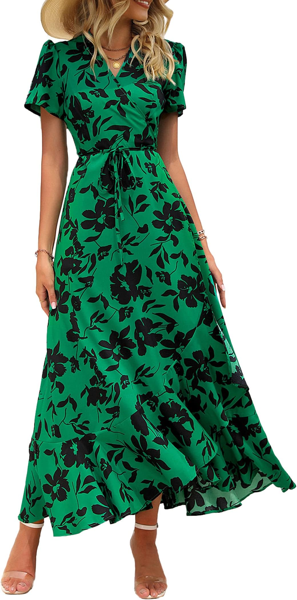 Women's Boho Floral Maxi Dress Summer Short Sleeve Wrap V Neck Long Flowy Beach Vacation Wedding Guest Dresses