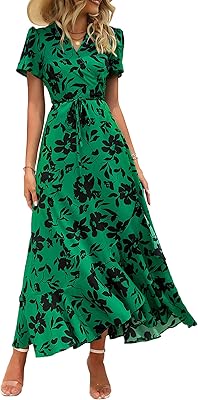 PRETTYGARDEN Women's Boho Floral Maxi Dress Summer Short Sleeve Wrap V Neck Long Flowy Beach Vacation Wedding Guest Dresses