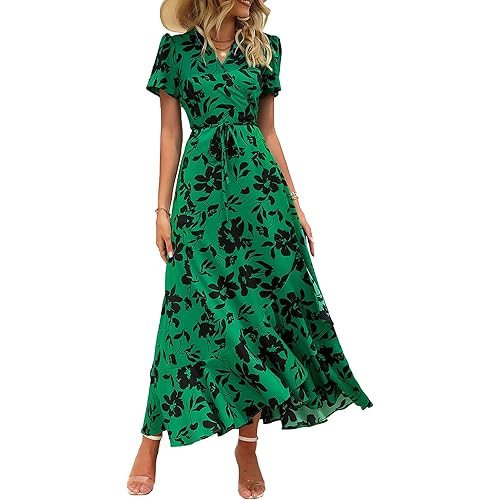 PRETTYGARDEN Womens Summer Wrap Maxi Dress Casual Boho Floral V Neck Short Sleeve Ruffle Hem Split Beach Long Dresses