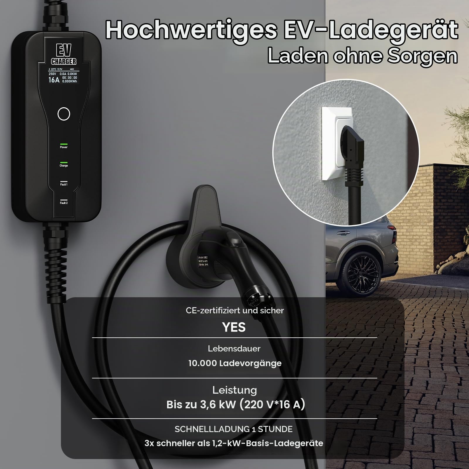 3.6kW Mobile Wallbox Typ 2 Ladekabel 6M, Ladegerät Typ 2 Schuko | Einstellbarer Strom 8A/10A/13A/16A, 1–15H Verzögertes Laden, EV Ladegerät Mit Tasche (IEC 62196-2)