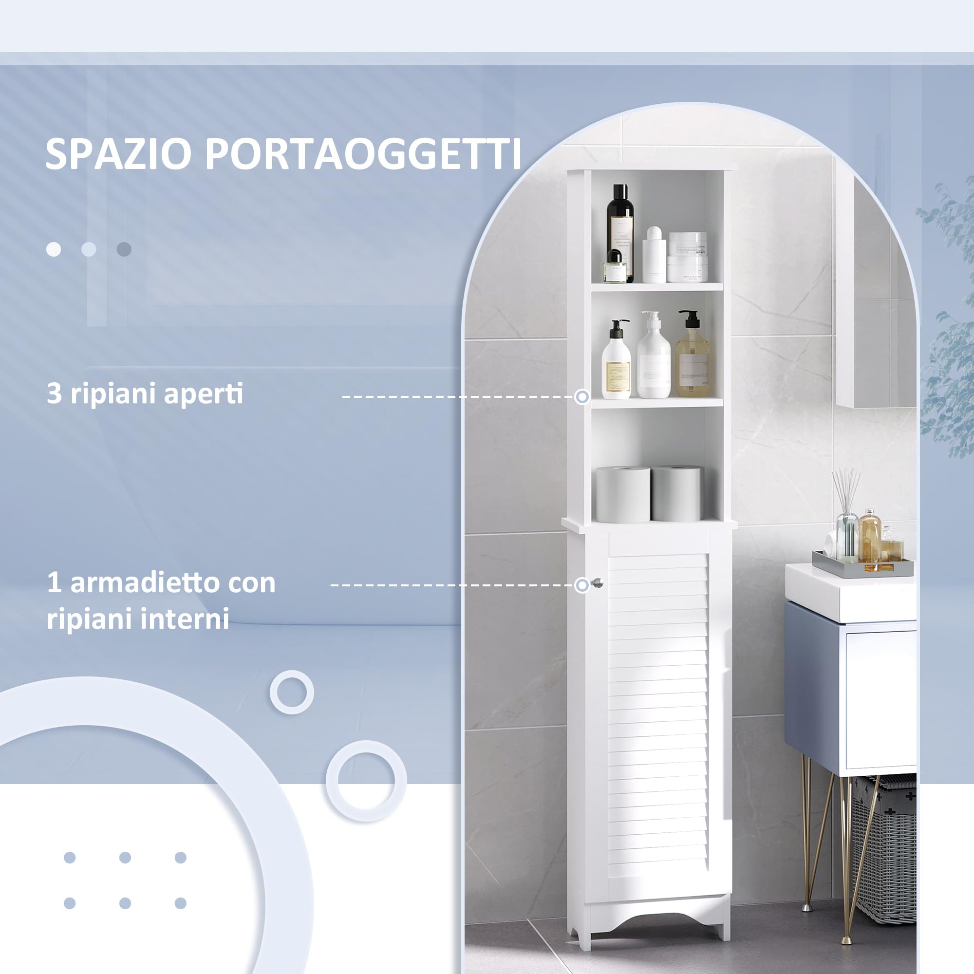 HOMCOM Colonna Bagno con Ripiano a 3 Livelli e Armadietto Chiuso, Mobile Bagno Salvaspazio, 34x20x165 cm, Bianco