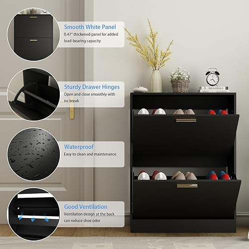 Miniatura 4 de Armario de zapatos con 2 cajones abatibles, armario estrecho y oculto para almacenamiento de zapatos para entrada, delgado, gabinete de zapatos