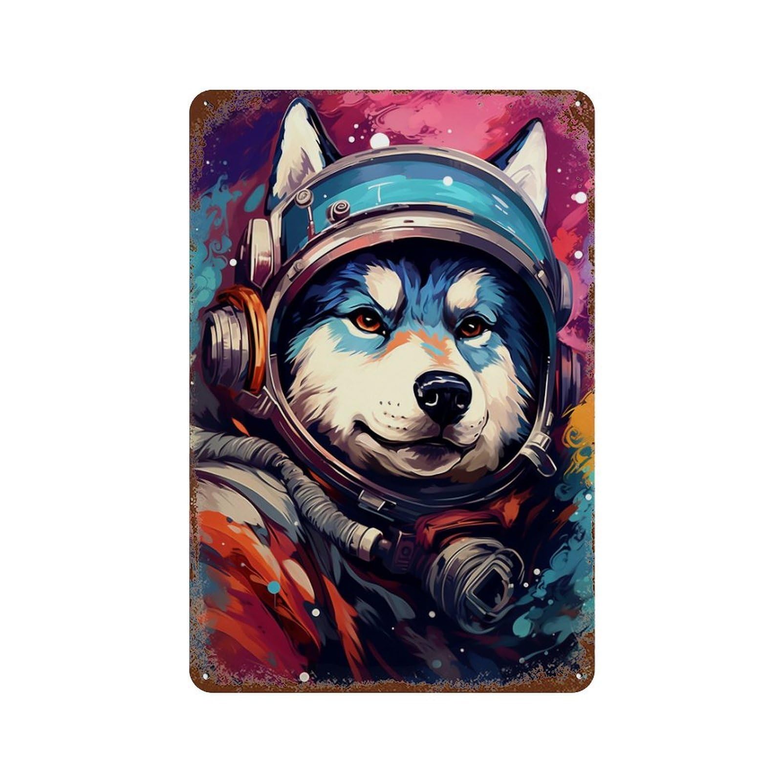 Space Dog Explorer-146 11.8"x7.9" Rust Effect Tin Sign, Vintage Wall Decor for Farmhouse, Kitchen And Entryway Decor