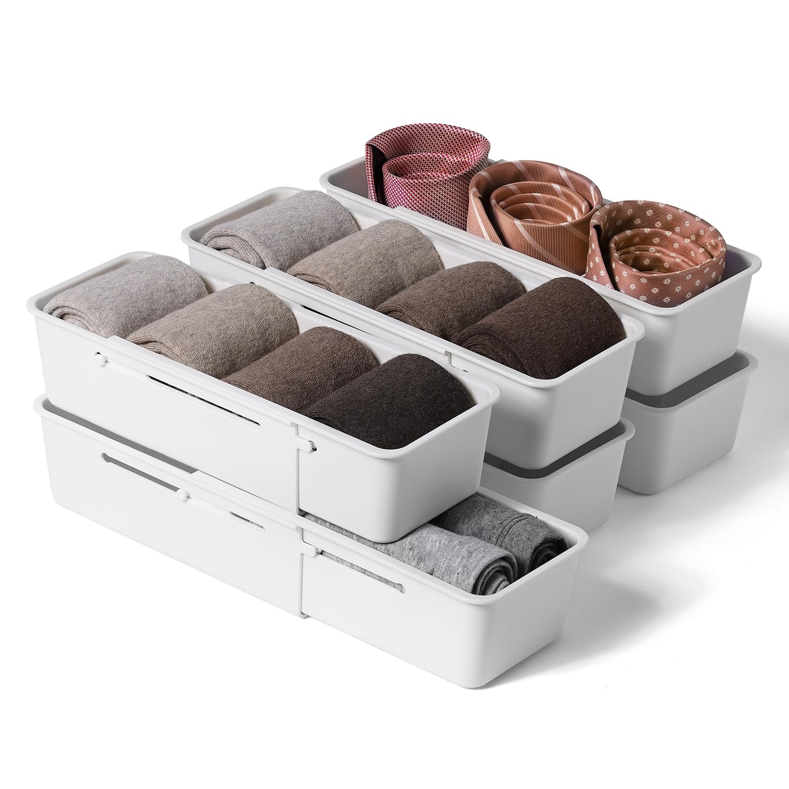 DIMJDrawer Organizers, Expandable Desk Drawer Organizer Plastic Storage Bins, Dresser Organizer for Nursery，Bathroom, Kitchen, Makeup, Office, White, 4 Pack，2L,2M