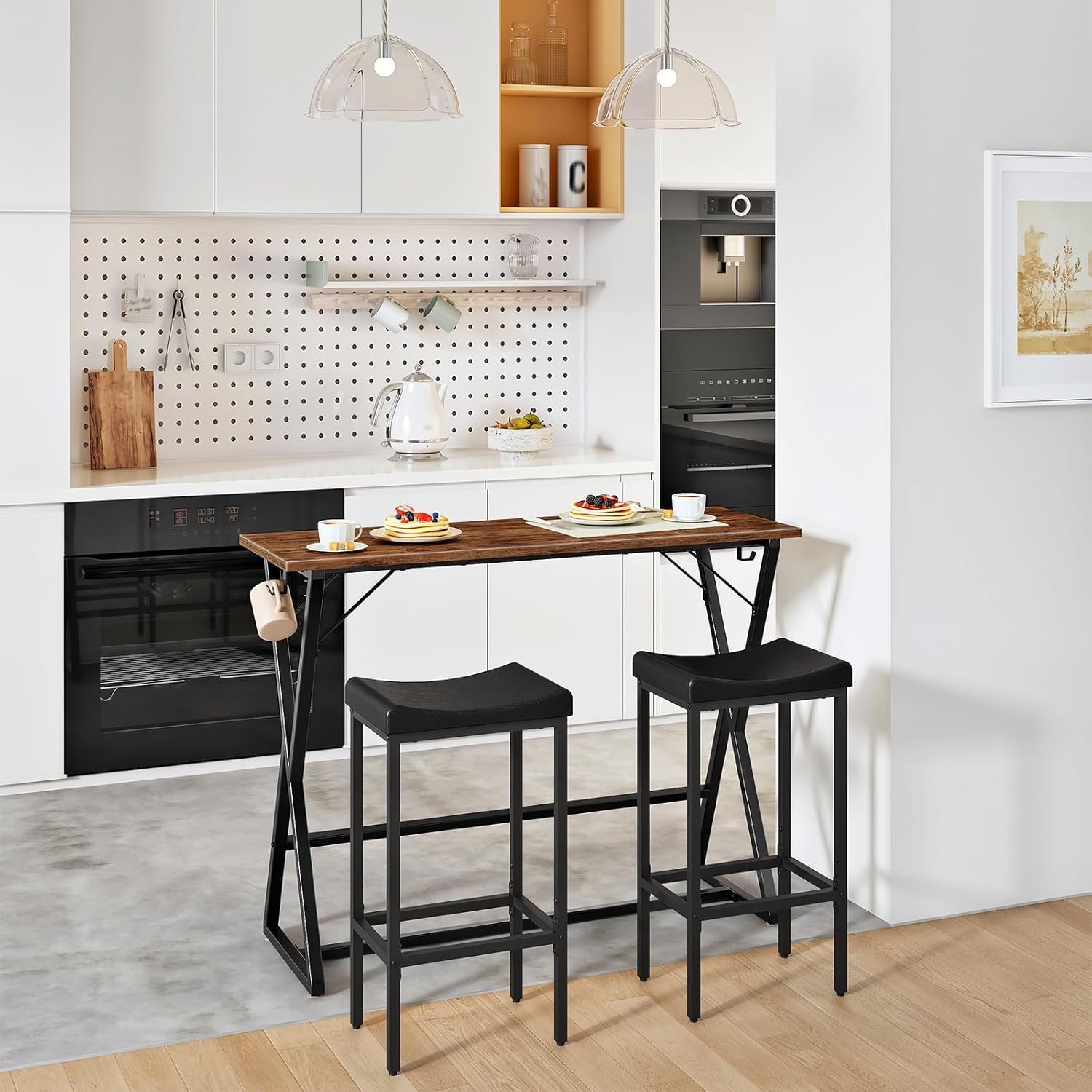 HOOBRO 39.4 Inch Bar Table, Counter Height Rectangular Bar Table, Pub Dining Table, Metal Frame with Footrest and 2 Hooks, for Narrow Space, Bistro and Living Room, Rustic Brown and Black BF67BT01