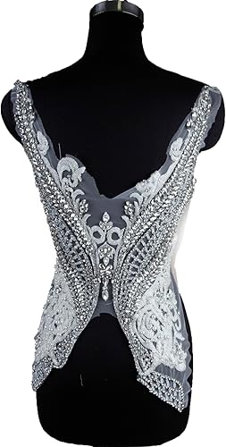 La Belleza Parche de diamantes de imitación plateados para vestido, apliques de corpiño de cuentas hechos a mano para tela o novia, patrón grande de