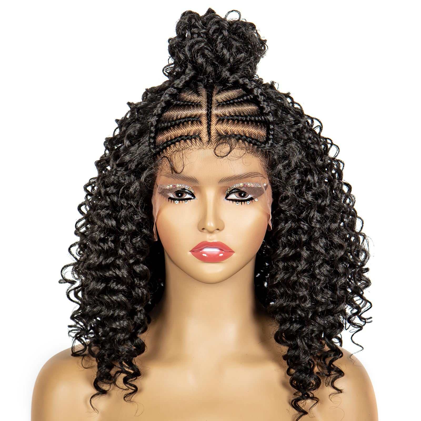 Braided Wigs Synthetic Lace Front Wig 16 Inches Lightweight Braided Wigs with Bun for Black Women Wig Kinky Curly Hair Wigs with Baby Hair Natural Daily Use