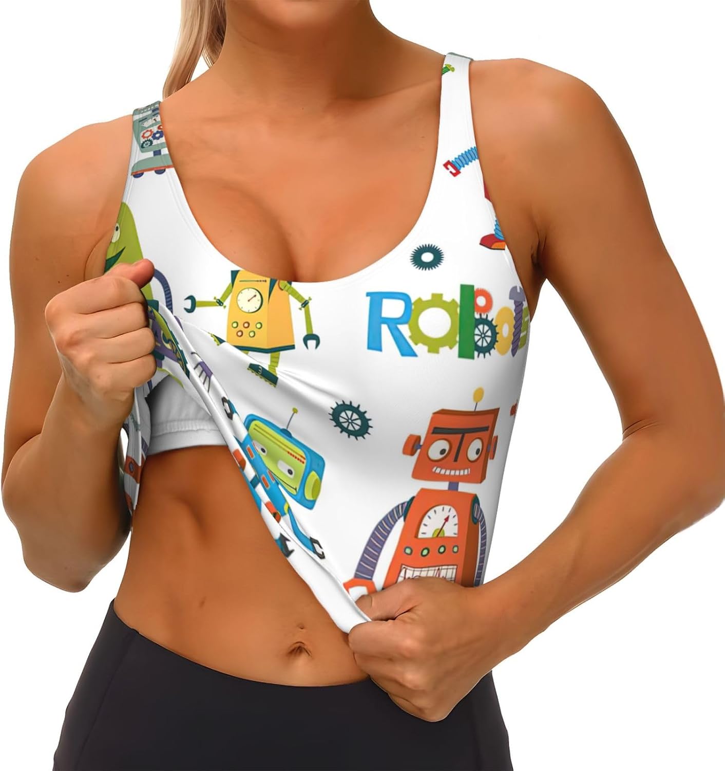 Cute Cartoon Robots Print Women's Strappy Sports Bra, Stretch Gym Bras U Neck Yoga Tops, Comfort Seamless Bra