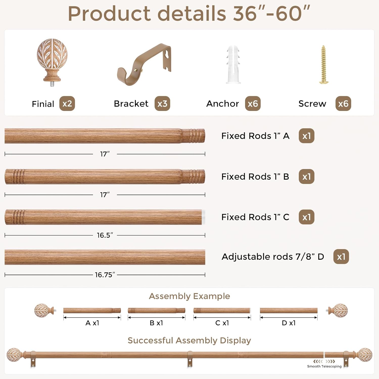 Boho Wood Curtain Rod, Decorative Curtain Rods for Windows 30 to 56 Inch with Handmade Wood Grain Leaf Finials, 1 Inch Adjustable Heavy Duty Vintage Rustic Window Treatment Rods, Easy Install