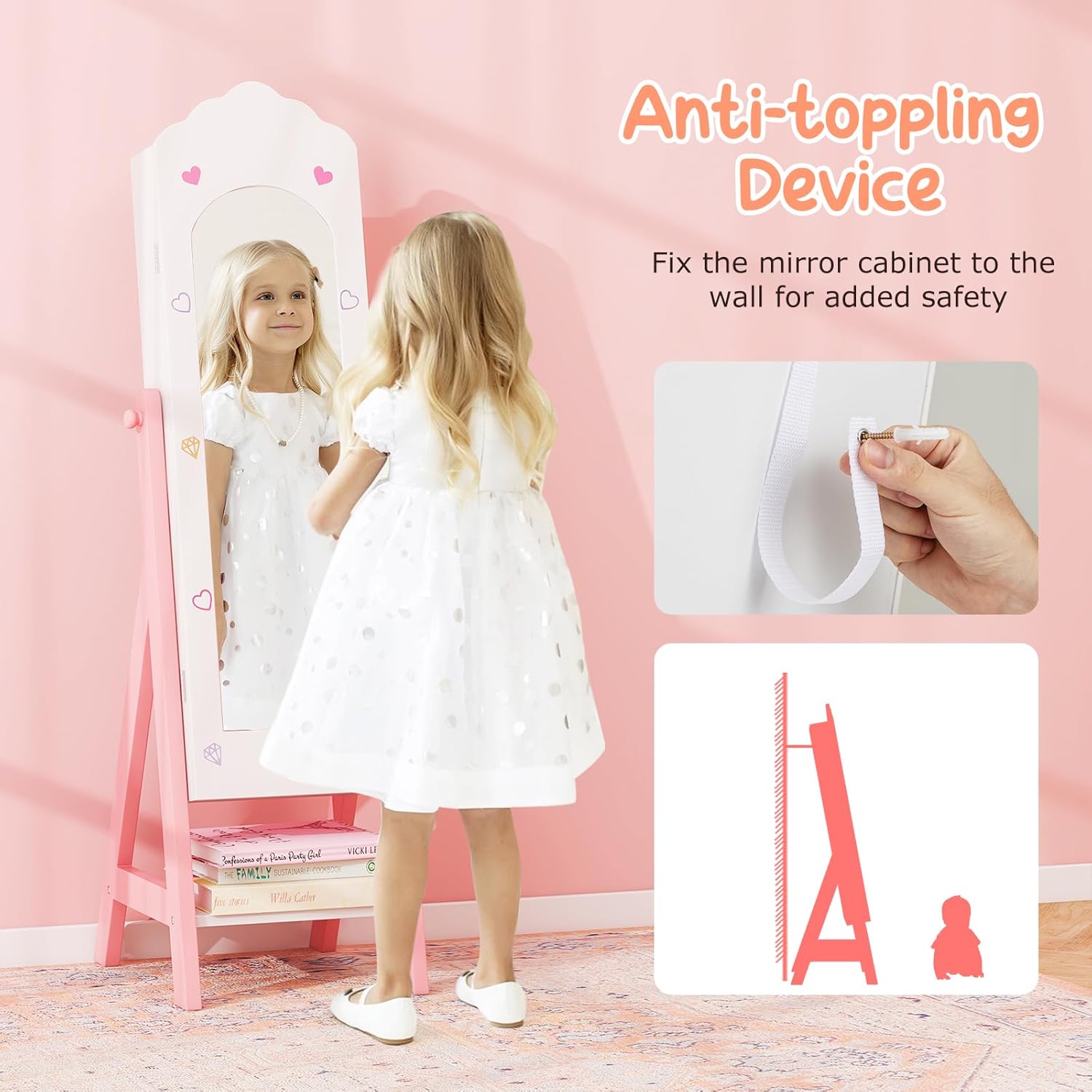 Costzon Kids Jewelry Armoire Cabinet, Standing Jewelry Organizer with Full-Length Mirror, Large Storage Capacity, Kids Vanity Dress Up Mirror Jewelry Cabinet for Girls (White)
