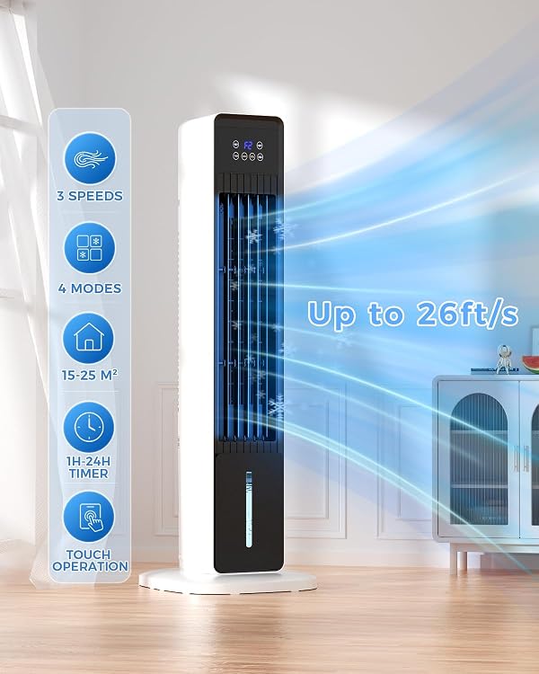Evaporative Air Cooler, 3-in-1 Portable AC Tower Fan Air Conditioner with 4 Modes & 3 Speeds, 24H Timer, Remote 60°Oscillating Tower Fan, Quiet Swamp Cooler, Tower AC for Bedroom Office, 36inch, Black by Nekileh - Used condition - Image 4