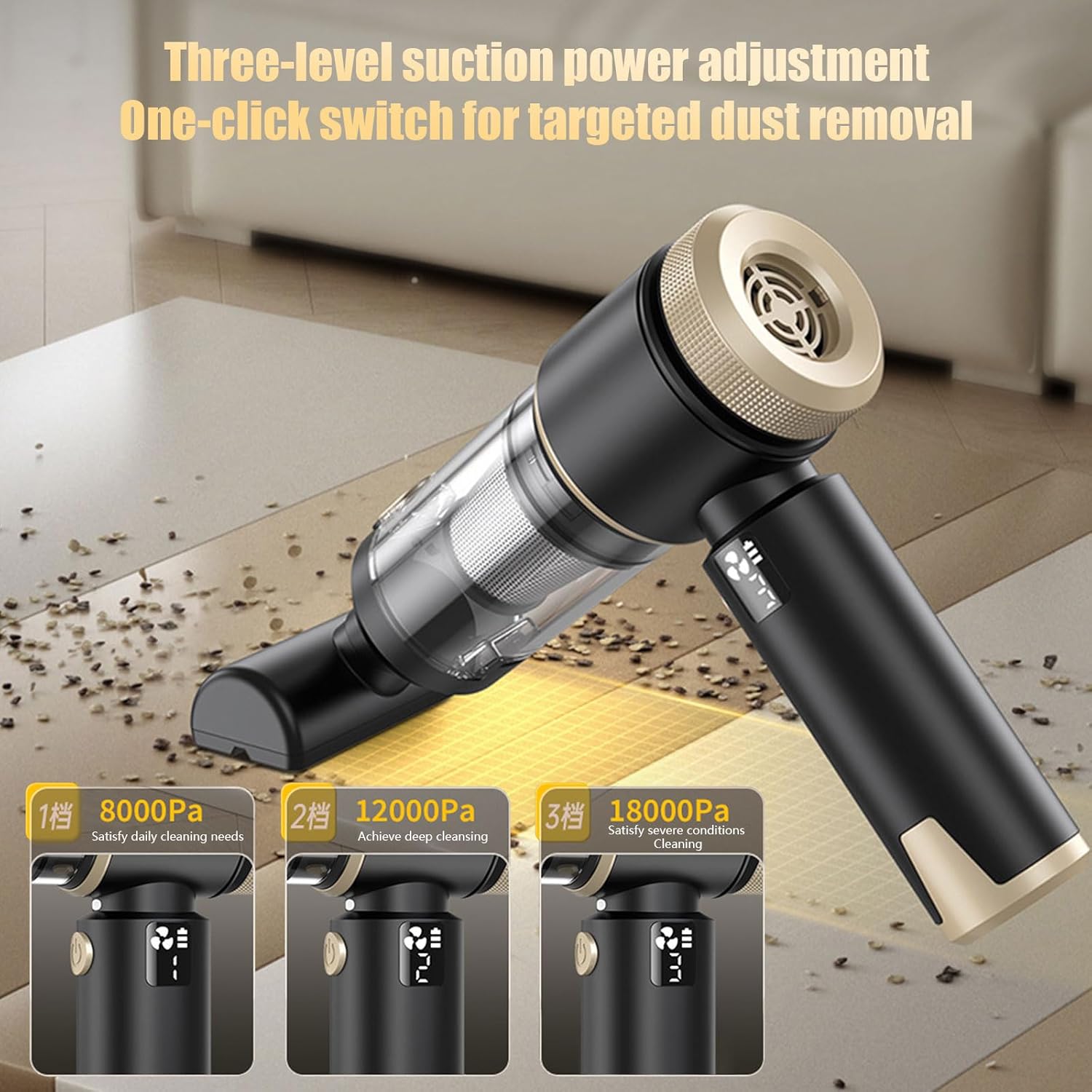 1 Set Portable Lightweight Car Vacuum Compact Storage Digital Indicators Quiet Car Vacuum